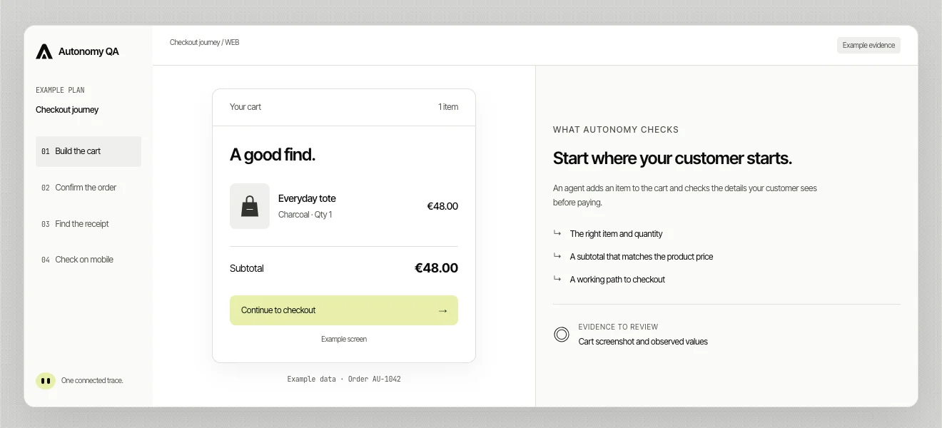 An Autonomy checkout journey with the checks an agent runs