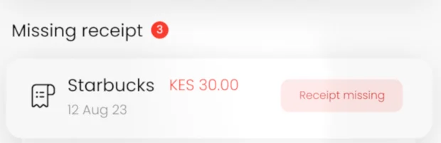 A card payment flagged for a missing receipt